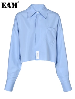 [EAM] Женская Синяя Короткая Блузка Большого Размера с Короткими Заусенцами, Новая Рубашка Свободного Кроя С Отворотом и Длинным рукавом, Модный Прилив, Весна-Осень 2023 1DF8585