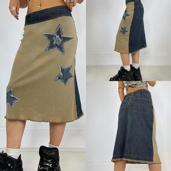 Модные джинсовые юбки контрастного цвета для женщин, юбка миди с принтом звезд Y2K, Повседневная джинсовая юбка в стиле пэчворк с кисточками RS114