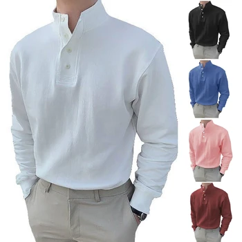 Мужская Модная Повседневная футболка с длинным рукавом, Весна-Лето, однотонный Пуловер-стойка, Свободная Удобная Рубашка для мужчин