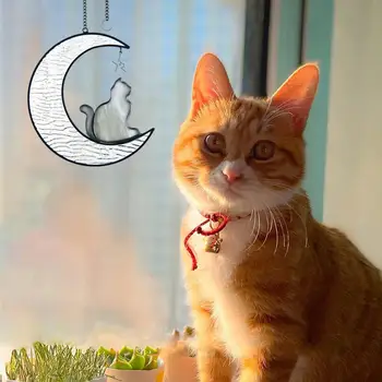 Подвесное украшение для кошки на открытом воздухе Очаровательное Подвесное украшение для кошки из витражного стекла, Дизайн Луны и звезды, Элегантный декор стен в помещении и на улице