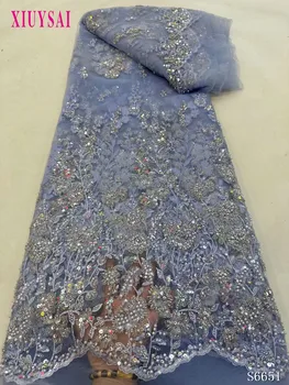 Синяя кружевная ткань ручной работы, расшитая бисером, Нигерийская вышивка, Свадебное роскошное вечернее платье, Французский тюль, африканские блестки, 5 ярдов
