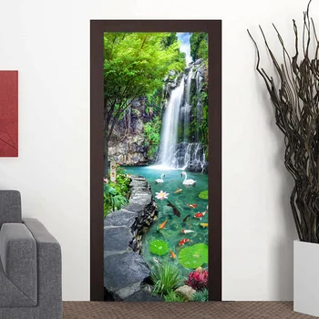 Фотообои с водопадом и пейзажем в китайском стиле, 3D Домашний декор, наклейка на дверь гостиной, кухни, ПВХ, самоклеящаяся наклейка